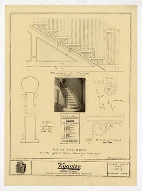 <em>"Kyanize enamel advertisement featuring a photograph of the main stairway  and measured drawings of the Lefferts House. Drawings by Edgar and Verna Cook Salomonsky."</em>, ca. 1922. Printed material, 11 x 8in (28 x 20.5cm). Brooklyn Museum, CHART_2011. (F129_B79_C61_Brooklyn_Houses_06_recto.jpg
