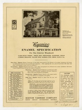 <em>"Kyanize enamel advertisement featuring a photograph of the main stairway  and measured drawings of the Lefferts House. Drawings by Edgar and Verna Cook Salomonsky."</em>, ca. 1922. Printed material, 11 x 8in (28 x 20.5cm). Brooklyn Museum, CHART_2011. (F129_B79_C61_Brooklyn_Houses_06_verso.jpg