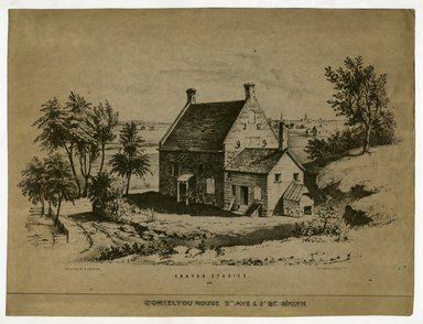 <em>"Cortelyou House, 5th Ave. & 3rd St, Bklyn. Lithograph by N. Currier."</em>, 1925. Printed material, 11 x 14.75in (28 x 37.5cm). Brooklyn Museum, CHART_2011. (F129_B79_C61_Brooklyn_Houses_08.jpg