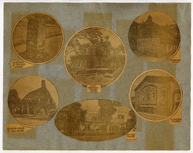 <em>"'Brooklyn's splendid landmarks provide attractive settings for speculative builders' flats and houses.' Collage of photographs of historic (17th-19th century) Brooklyn buildings."</em>, ca. 1916. Printed material, 11.5 x  14.5in (29 x 36.5cm). Brooklyn Museum, CHART_2011. (F129_B79_C61_Brooklyn_Houses_09a_verso.jpg