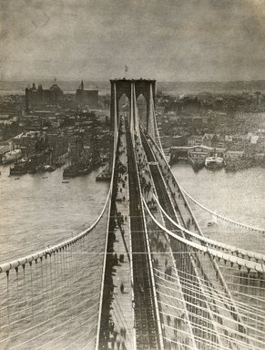 <em>"Brooklyn Bridge, view from Brooklyn Tower looking toward New York. May 25, 1883."</em>, 1883. Bw photographic print, sepia toned. Brooklyn Museum, CHART_2012. (F129_B79_C68_Brooklyn_Bridge_View_from_Tower_SL1.jpg