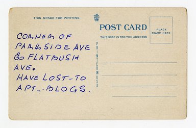 <em>"Colony Inn, Flatbush Avenue, Flatbush, Brooklyn, N.Y. Verso."</em>. Postcard, 3.5 x 5.5 in (8.9 x 14 cm). Brooklyn Museum, CHART_2012. (F129_B79_C68_Colony_Inn_verso.jpg