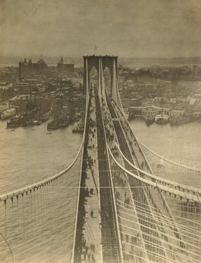 <em>"Brooklyn Bridge from Brooklyn Tower"</em>. Printed material. Brooklyn Museum. (F129_B79_C68_Pictures_of_Brooklyn_Brooklyn_Bridge_from_Brooklyn_tower.jpg