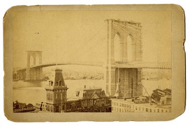 <em>"Brooklyn Bridge, view from land"</em>. Printed material. Brooklyn Museum. (F129_B79_C68_Pictures_of_Brooklyn_Brooklyn_Bridge_view_from_land.jpg