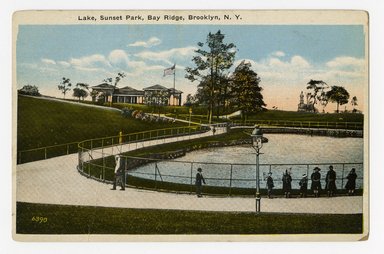 <em>"Lake, Sunset Park, Bay Ridge, Brooklyn, N.Y. Recto."</em>. Postcard, 3.5 x 5.5 in (8.9 x 14 cm). Brooklyn Museum, CHART_2012. (F129_B79_C68_Sunset_Park_Lake_recto.jpg