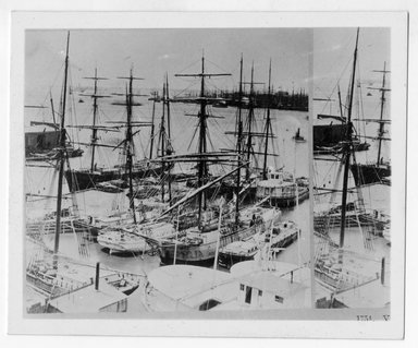 <em>"Photograph of stereo[graph]. 'View from Fulton Ferry, Brooklyn, N.Y.'"</em>, 1941. Bw photograph, 4 x 3.75in (8 x 10 cm). Brooklyn Museum, CHART_2011. (F129_B79_F956_Ferries_02.jpg
