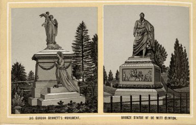 <em>"JAS Gordon Bennett's Monument. Bronze Statue of De Witt Clinton."</em>, 1887. Postcard, 3.5 x 5.5 in (8.9 x 14 cm). Brooklyn Museum, CHART_2012. (Photo: Fritschler and Selle, F129_B79_G85_17_Bennets_Monument_Statue_of_Clinton.jpg