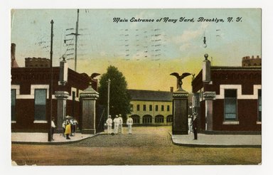<em>"Main Entrance of Navy Yard, Brooklyn, N.Y. Recto."</em>. Postcard, 3.5 x 5.5 in (8.9 x 14 cm). Brooklyn Museum, CHART_2012. (F129_B79_P841_Navy_Yard_Entrance_01_recto.jpg