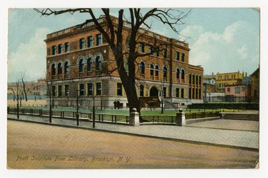 <em>"Pratt Institute Free Library, Brooklyn, N.Y. Recto."</em>. Postcard, 3.5 x 5.5 in (8.9 x 14 cm). Brooklyn Museum, CHART_2012. (F129_B79_P841_Pratt_Institute_Free_Library_recto.jpg