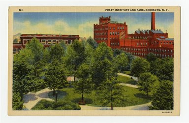 <em>"Pratt Institute and Park, Brooklyn, N.Y. Recto."</em>. Postcard, 3.5 x 5.5 in (8.9 x 14 cm). Brooklyn Museum, CHART_2012. (F129_B79_P841_Pratt_Institute_Park_recto.jpg