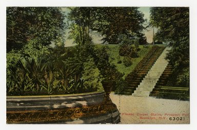 <em>"Flower Carpet Stairs, Prospect Park, Brooklyn, N.Y. Recto."</em>. Postcard, 3.5 x 5.5 in (8.9 x 14 cm). Brooklyn Museum, CHART_2012. (F129_B79_P841_Prospect_Park_Flower_Carpet_Stairs_recto.jpg