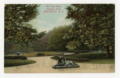 <em>"The Lily Pond, Prospect Park, Brooklyn, N.Y. Recto."</em>. Postcard, 3.5 x 5.5 in (8.9 x 14 cm). Brooklyn Museum, CHART_2012. (F129_B79_P841_Prospect_Park_Lily_Pond_recto.jpg