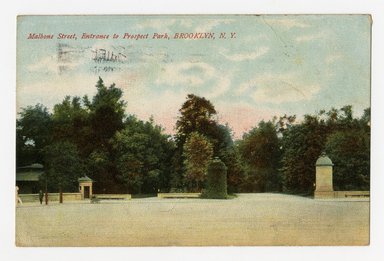 <em>"Malbone Street, Entrance to Prospect Park, Brooklyn, N.Y. Recto."</em>. Postcard, 3.5 x 5.5 in (8.9 x 14 cm). Brooklyn Museum, CHART_2012. (F129_B79_P841_Prospect_Park_Malbone_Street_Entrance_recto.jpg