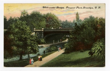 <em>"Walk under Bridge, Prospect Park, Brooklyn, N.Y. Recto."</em>. Postcard, 3.5 x 5.5 in (8.9 x 14 cm). Brooklyn Museum, CHART_2012. (F129_B79_P841_Prospect_Park_Under_Bridge_recto.jpg