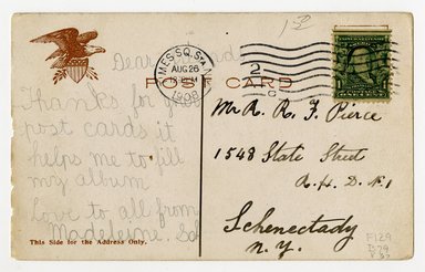 <em>"Verso of postcard showing Brighton Beach Hotel, Coney Island, N.Y."</em>, ca. 1908. Printed matter, 3 x 5in. Brooklyn Museum, CHART_2011. (F129_B79_V67_Views_Brooklyn_01_verso.jpg