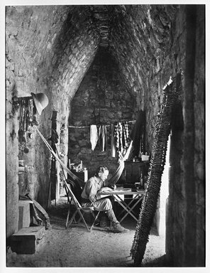 <em>"Chichen Itza. Casa De Monjas, Interior of Southern Chamber (Maudslay in his Room.)"</em>, 1889. Bw copy negative, 4 x 5in (10.2 x 12.8 cm). Brooklyn Museum, Maudslay. (F1435_M442_Maudslay_025_SL3.jpg