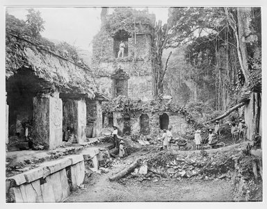 <em>"Palenque. The Palace, View of the Western Court and Tower, Looking South."</em>, 1890. Bw copy negative, 4 x 5in (10.2 x 12.8 cm). Brooklyn Museum, Maudslay. (F1435_M442_Maudslay_033_SL3.jpg
