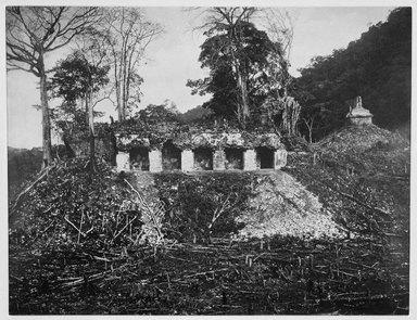 <em>"Palenque. The Palace, House D, from the West."</em>, 1890. Bw copy negative, 4 x 5in (10.2 x 12.8 cm). Brooklyn Museum, Maudslay. (F1435_M442_Maudslay_035_SL3.jpg