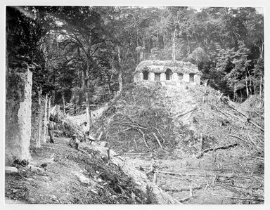 <em>"Palenque. The Temple of Inscriptions from the West Side of the Palace Mound."</em>, 1890. Bw copy negative, 4 x 5in (10.2 x 12.8 cm). Brooklyn Museum, Maudslay. (F1435_M442_Maudslay_038_SL3.jpg