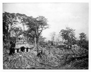 <em>"Palenque. View of the Temple of the Sun and the Palace."</em>, 1890. Bw copy negative, 4 x 5in (10.2 x 12.8 cm). Brooklyn Museum, Maudslay. (F1435_M442_Maudslay_040_SL3.jpg
