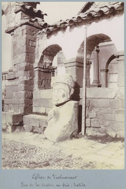 <em>"Eglise de Tiahuanaco. Vue de la Statue en gris, Tatito."</em>, 1903. Bw photograph (original print), 9 x 7in (23 x 18cm). Brooklyn Museum, Sintich. (F3319.1_T55_M69_Sintich_009.jpg