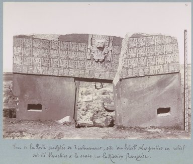 <em>"Vue de la Porte sculptée de Tiahuanaco, site 'du Soleil'. Les parties en relief ont été blanchies  à la craie par la Mission française."</em>, 1903. Bw photograph (original print), 9 x 7in (23 x 18cm). Brooklyn Museum, Sintich. (F3319.1_T55_M69_Sintich_044.jpg