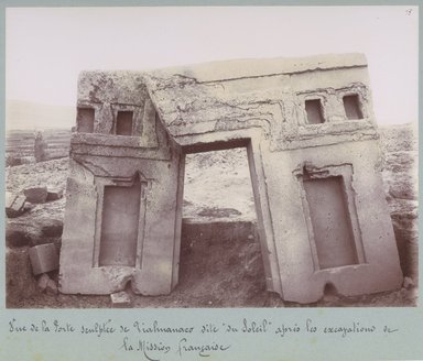 <em>"Vue de la Porte sculptée de Tiahuanaco, site 'du Soleil' aprés les excavations de la Mission française."</em>, 1903. Bw photograph (original print), 9 x 7in (23 x 18cm). Brooklyn Museum, Sintich. (F3319.1_T55_M69_Sintich_045.jpg