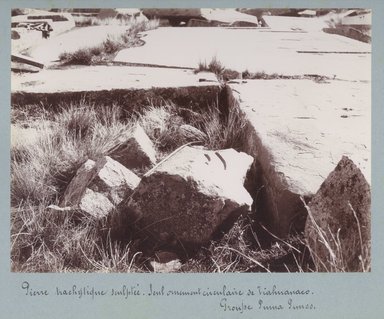 <em>"Tierre trachytique sculptée. Seul ornement circulaire de Tiahuanaco. Groupe Puma Punco."</em>, 1903. Bw photograph (original print), 9 x 7in (23 x 18cm). Brooklyn Museum, Sintich. (F3319.1_T55_M69_Sintich_056.jpg