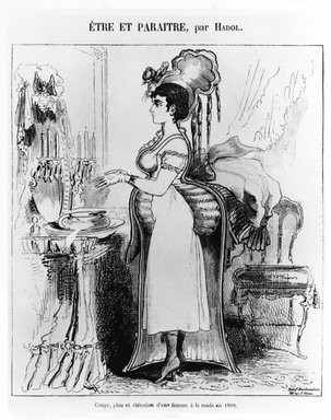 <em>"Coupe, plan et élévation d'une femme à la mode en 1869."</em>. Printed material. Brooklyn Museum. (GT876_C55_1989_Opulent_Era_p87.jpg