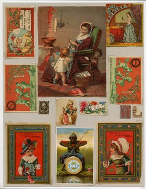 <em>"Set of 10 tradecards and 3 stamps mounted on cardstock."</em>. Printed material, 15 x 11.5 in (38 x 29.3 cm). Brooklyn Museum, CHART_2011. (HF5841_Ad9_p04_recto.jpg