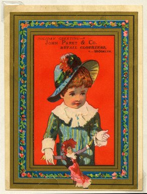 <em>"Tradecard. John Paret & Co. Retail Clothiers. Brooklyn, NY. Recto."</em>. Printed material, 5.125 x 3.75 in (13 x 9.7 cm). Brooklyn Museum, CHART_2011. (HF5841_Ad9_p04_tradecard02_recto.jpg