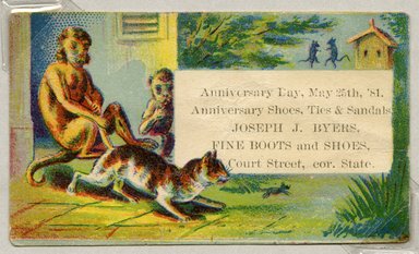 <em>"Tradecard. Joseph J. Byers. Fine Boots and Shoes. 110 Court St. Brooklyn, NY. Recto."</em>. Printed material, 1.5 x 3.125 in (4.5 x 8 cm). Brooklyn Museum, CHART_2011. (HF5841_Ad9_p06_tradecard02_recto.jpg
