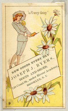 <em>"Tradecard. Joseph J. Byers. Fine Boots and Shoes. Court Street. Brooklyn, NY. Recto."</em>. Printed material, 4.125 x 2.5 in (10.5 x 6.1 cm). Brooklyn Museum, CHART_2011. (HF5841_Ad9_p11_tradecard01_recto.jpg