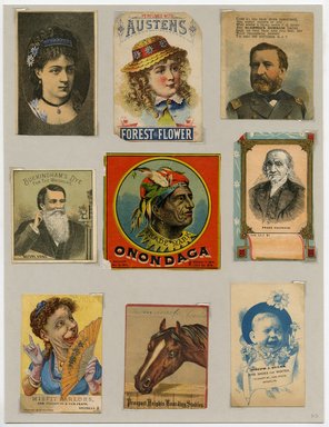 <em>"Set of 9 tradecards mounted on cardstock. Recto."</em>. Printed material, 15 x 11.5 in (38 x 29.3 cm). Brooklyn Museum, CHART_2011. (HF5841_Ad9_p23_recto.jpg