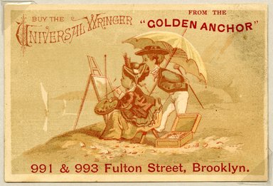 <em>"Tradecard. Golden Anchor. 991 & 993 Fulton St. Brooklyn, NY. Recto."</em>. Printed material, 3 x 4.25 in (7.5 x 11 cm). Brooklyn Museum, CHART_2011. (HF5841_Ad9_p2A_tradecard05_recto.jpg