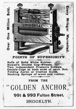 <em>"Tradecard. Golden Anchor. 991 & 993 Fulton St. Brooklyn, NY. Verso."</em>. Printed material, 3 x 4.25 in (7.5 x 11 cm). Brooklyn Museum, CHART_2011. (HF5841_Ad9_p2A_tradecard05_verso_photocopy.jpg