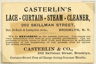<em>"Tradecard. Casterlin & Co. 262 Skillman Street. Brooklyn, NY. Recto."</em>. Printed material, 2.625 x 4 in (6.7 x 10 cm). Brooklyn Museum, CHART_2011. (HF5841_Ad9_p2A_tradecard06_recto.jpg