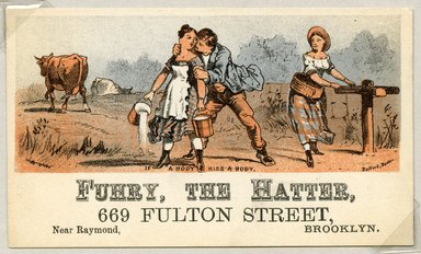 <em>"Tradecard. Fuhry, The Hatter. 669 Fulton Street. Brooklyn, NY. Recto."</em>. Printed material, 2.75 x 4.5 in (6.8 x 11.5 cm). Brooklyn Museum, CHART_2011. (HF5841_Ad9_p2A_tradecard07_recto.jpg