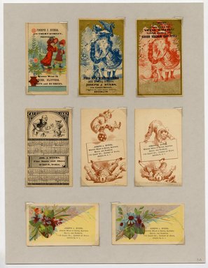 <em>"Set of 8 tradecards mounted on cardstock. Recto."</em>. Printed material, 15 x 11.5 in (38 x 29.3 cm). Brooklyn Museum, CHART_2011. (HF5841_Ad9_p3A_recto.jpg