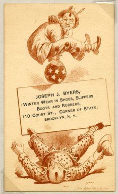 <em>"Tradecard. Joseph J. Byers. 110 Court St. Brooklyn, NY. Recto."</em>. Printed material, 4.5 x 2.625 in (11.5 x 6.7 cm). Brooklyn Museum, CHART_2011. (HF5841_Ad9_p3A_tradecard05_recto.jpg