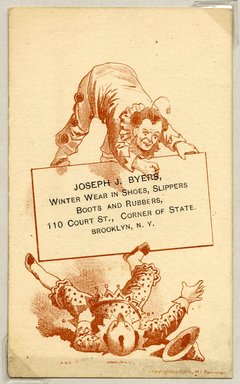 <em>"Tradecard. Joseph J. Byers. 110 Court St. Brooklyn, NY. Recto."</em>. Printed material, 4.5 x 2.625 in (11.5 x 6.7 cm). Brooklyn Museum, CHART_2011. (HF5841_Ad9_p3A_tradecard06_recto.jpg