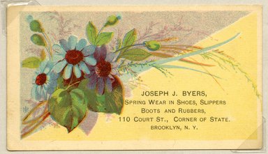 <em>"Tradecard. Joseph J. Byers. 110 Court St. Brooklyn, NY. Recto."</em>. Printed material, 2.5 x 4.125 in (6.2 x 10.6 cm). Brooklyn Museum, CHART_2011. (HF5841_Ad9_p3A_tradecard08_recto.jpg