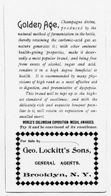 <em>"Tradecard. Geo. Lockitt's Sons. Brooklyn, N.Y. Verso."</em>. Printed material, 6.25 x 3.5 in (16 x 8.8 cm). Brooklyn Museum, CHART_2011. (HF5841_Ad9_p6A_tradecard01_verso_photocopy.jpg