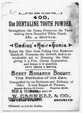 <em>"Tradecard. Reid & Yeomans, Druggists and Dispensing Chemists. 752 Union St. Brooklyn, NY. Verso."</em>. Printed material, 5.625 x 4 in (14.4 x 10.2 cm). Brooklyn Museum, CHART_2011. (HF5841_Ad9_p6A_tradecard04_verso_photocopy.jpg