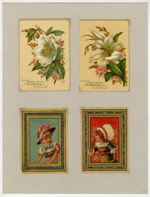 <em>"Set of 4 tradecards mounted on cardstock. Recto."</em>. Printed material, 15 x 11.5 in (38 x 29.3 cm). Brooklyn Museum, CHART_2011. (HF5841_Ad9_p7A_recto.jpg