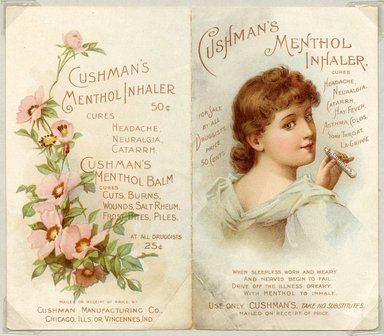 <em>"Tradecard. Cushman Menthol Inhaler. Recto."</em>. Printed material, 5 x 5.75 in (12.9 x 14.6 cm). Brooklyn Museum, CHART_2011. (HF5841_Ad9_p8A_tradecard01_recto.jpg