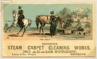 <em>"Tradecard. Brooklyn Steam Carpet Cleaning Works. 353 Adams St. Brooklyn, NY. Recto."</em>. Printed material, 2.75 x 4.5 in (6.8 x 11.5 cm). Brooklyn Museum, CHART_2011. (HF5841_Ad9_p8A_tradecard04_recto.jpg