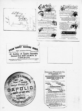 <em>"Photocopy of set of 6 tradecards mounted on cardstock. Verso."</em>. Printed material, 15 x 11.5 in (38 x 29.3 cm). Brooklyn Museum, CHART_2011. (HF5841_Ad9_p8A_verso_photocopy.jpg