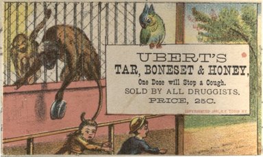 <em>"Trade card. Ubert's Tar, Boneset and Honey. Brooklyn."</em>, 1881. Printed material, 8  x  4.5cm. Brooklyn Museum, CHART_2012. (Photo: M.F. Tobin, HF5841_B11_partC_page28_tradecard01_Uberts.jpg