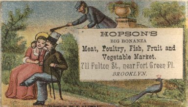 <em>"Trade card. Hopson's. 711 Fulton St. Brooklyn."</em>. Printed material, 8 x 4.5cm. Brooklyn Museum, CHART_2012. (HF5841_B11_partC_page28_tradecard05_Hopsons.jpg